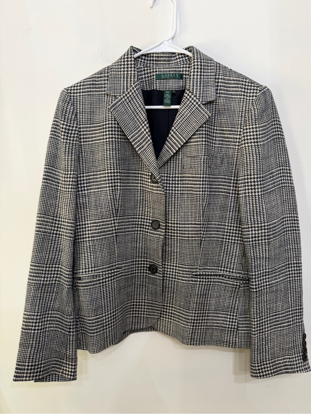Vtg Lauren Ralph Lauren Linen Houndstooth Blazer Jacket CBK Navy Beige Women’s 1